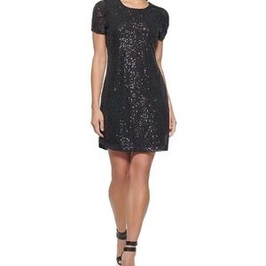 DKNY Mini Dress Women's 12 Black Stretch Sequin Short Sleeve Round Neck Pullover